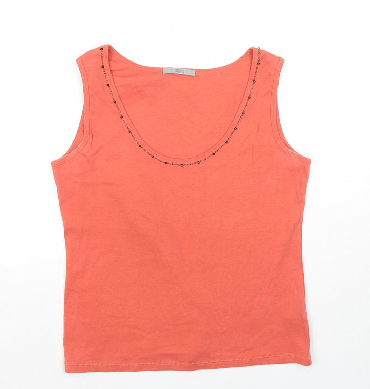 Marks and Spencer Womens Orange Cotton Basic Tank Size 14 Round Neck - Beaded Detail