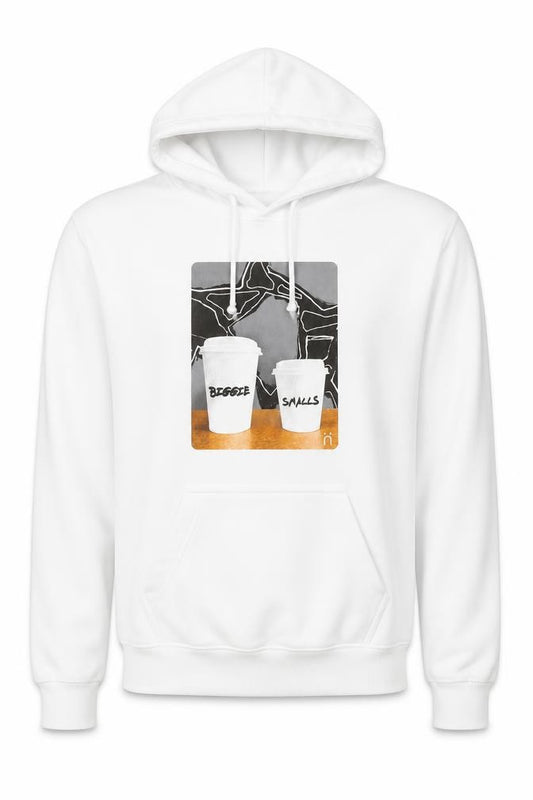 Front view of Little White Lies men’s white cotton pullover hoodie, size S, - coffee biggie smalls