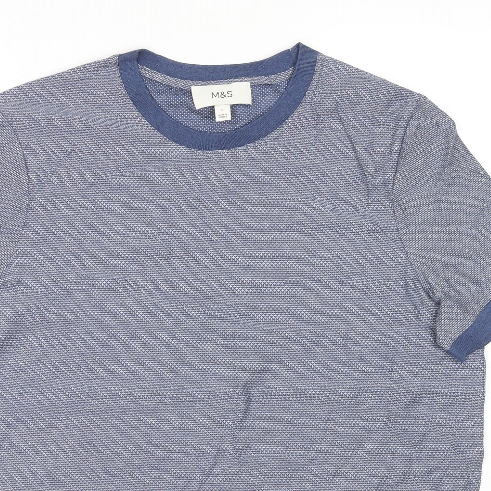 Marks and Spencer Mens Blue Cotton T-Shirt Size L Round Neck