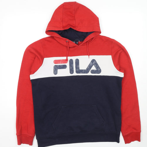 FILA Mens Blue Cotton Pullover Hoodie Size M - Colourblock Pattern Logo Label Size 176cm