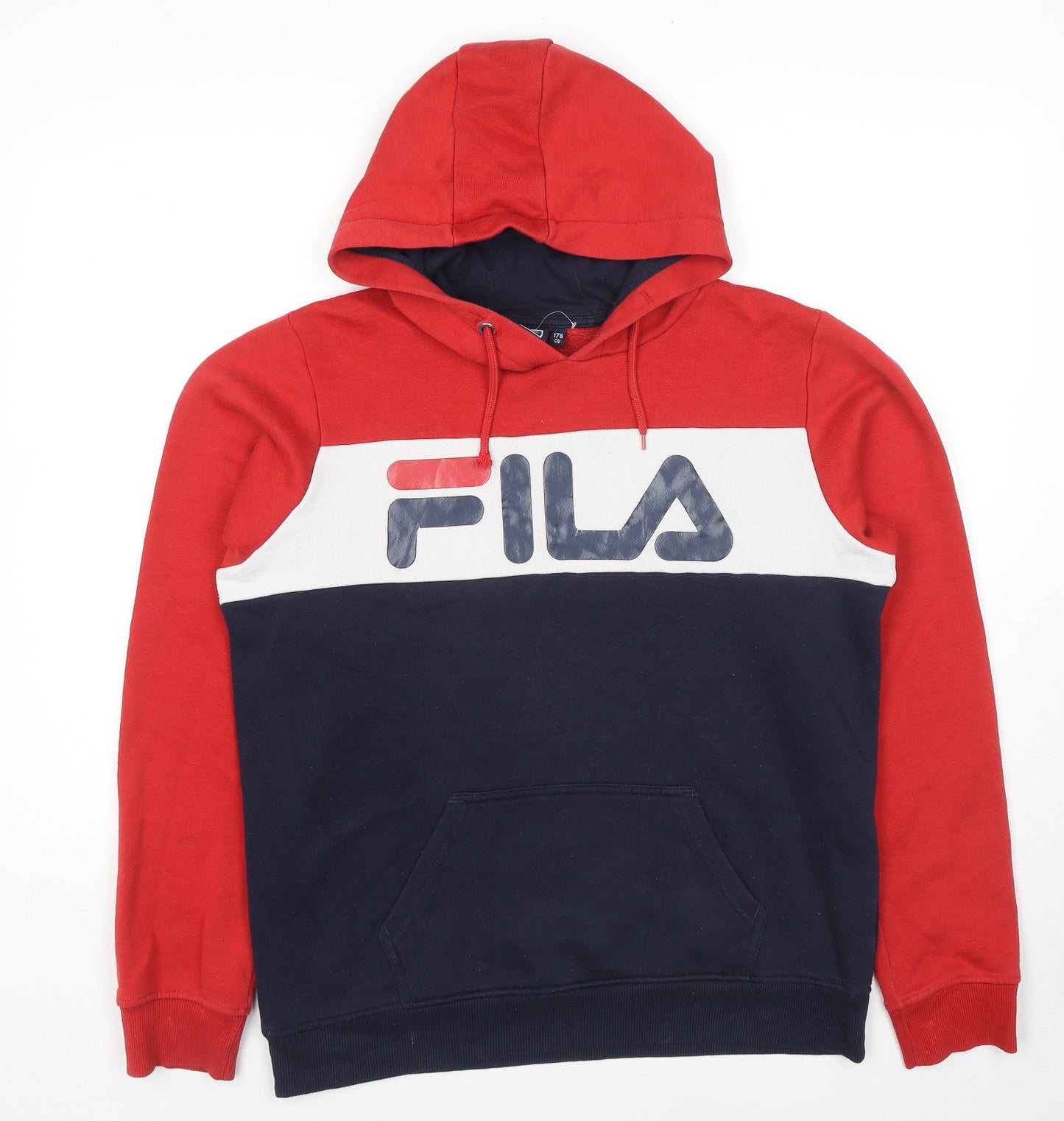 FILA Mens Blue Cotton Pullover Hoodie Size M - Colourblock Pattern Logo Label Size 176cm