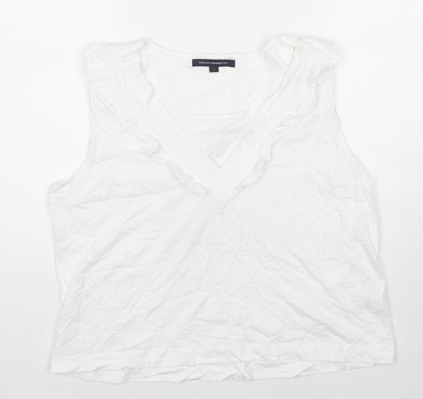 French Connection Womens White Cotton Basic Tank Size L V-Neck - Ruffle Detail