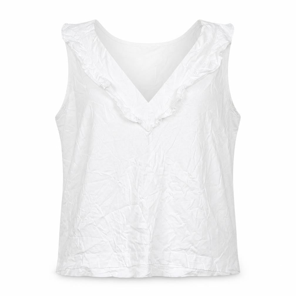 Front view of French Connection women’s white cotton basic tank, size L, v-neck - ruffle detail