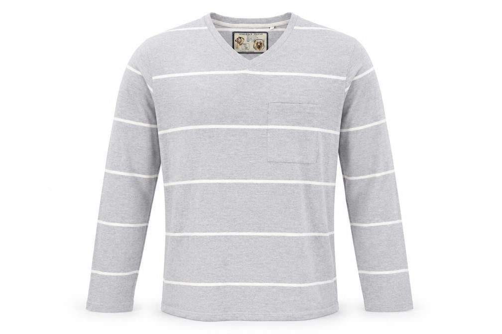 Front view of Shilton Passport men’s grey striped polyester pullover sweatshirt, size M