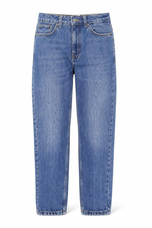 Front view of Topshop women’s blue cotton straight jeans, size UK 24, in, 30-inch leg regular zip