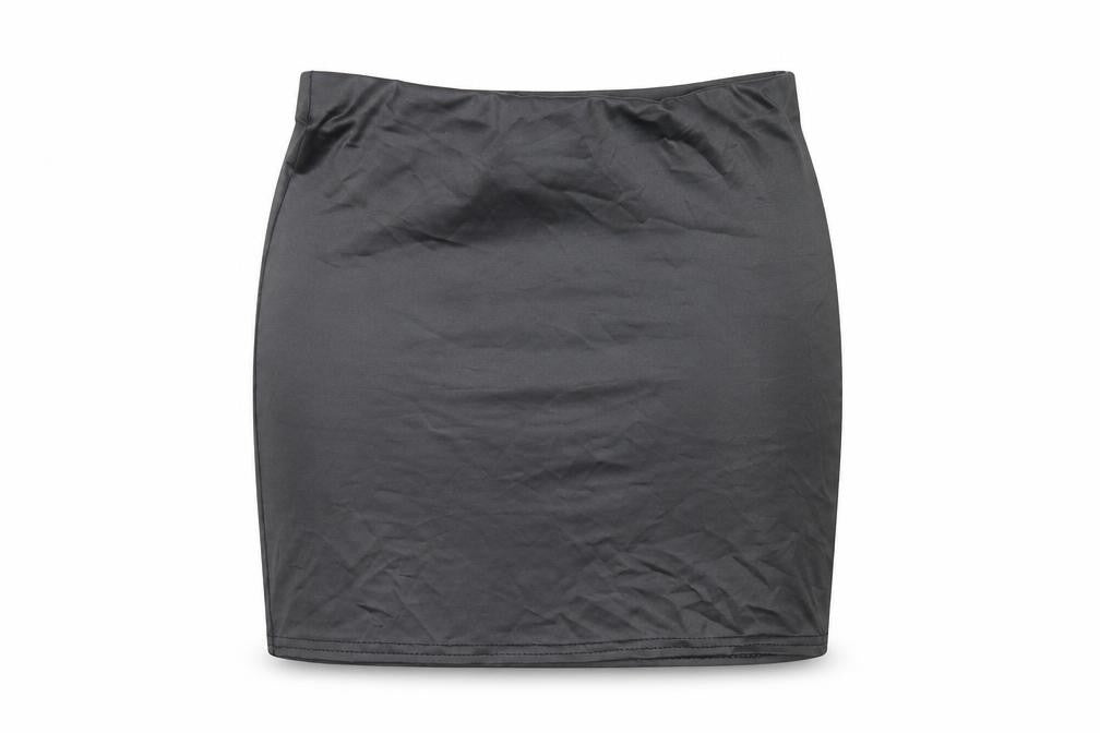Front view of PRETTYLITTLETHING women’s black polyethylene mini skirt, size UK 8