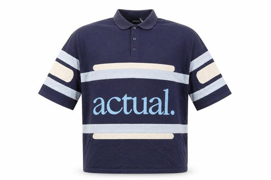 Front view of ASOS men’s blue cotton polo, size S, collared button
