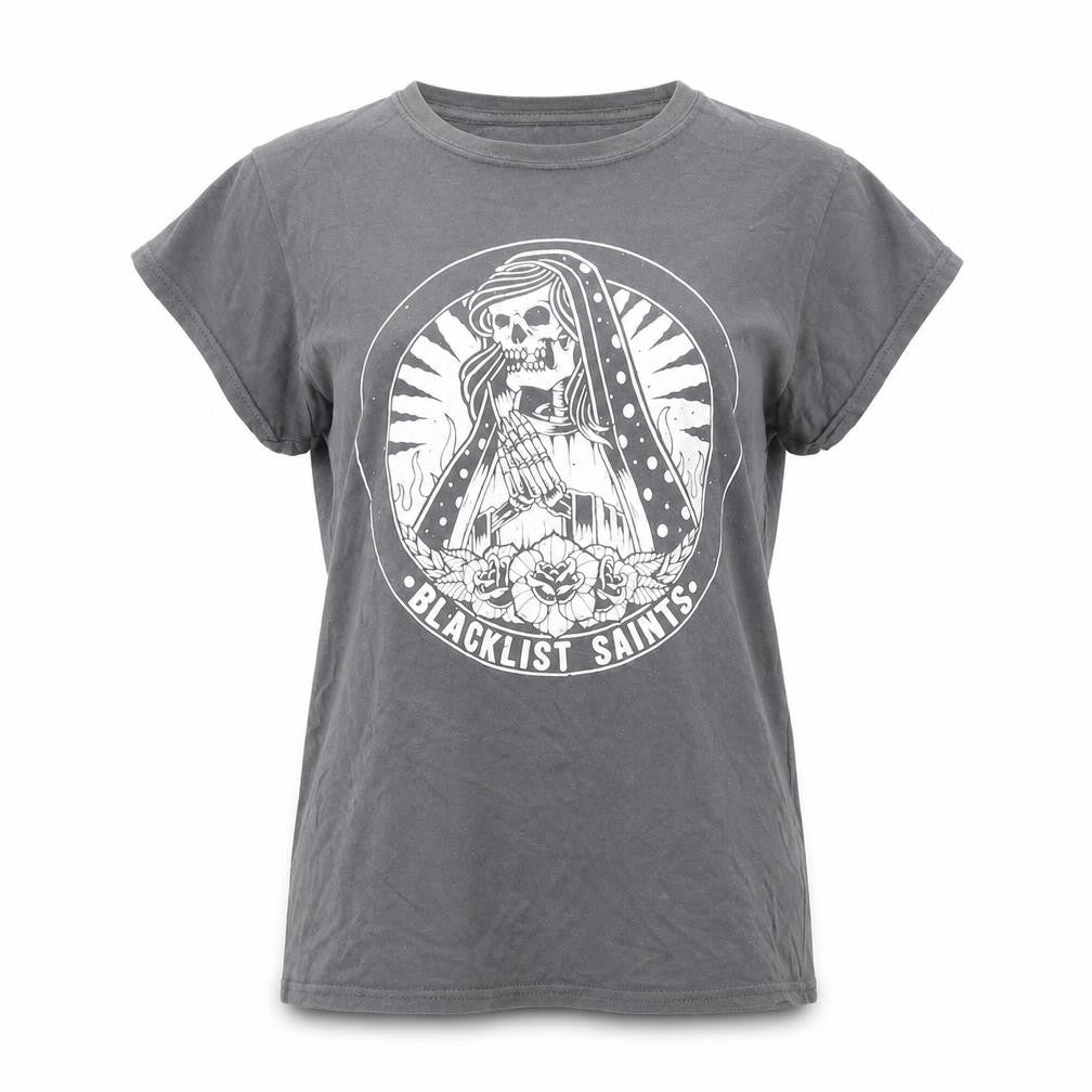 Front view of Blacklist Saints women’s grey cotton basic t-shirt, size M, round neck