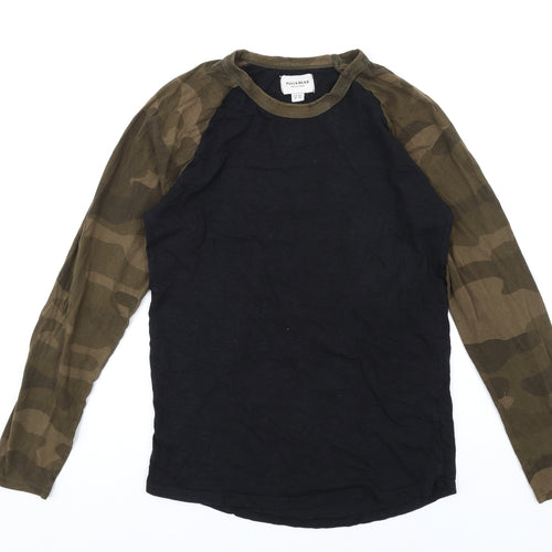 Pull&Bear Mens Black Camouflage Cotton T-Shirt Size M Round Neck