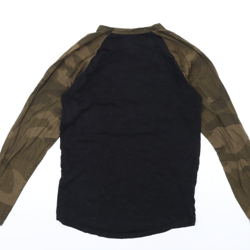 Pull&Bear Mens Black Camouflage Cotton T-Shirt Size M Round Neck