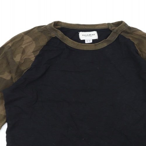 Pull&Bear Mens Black Camouflage Cotton T-Shirt Size M Round Neck