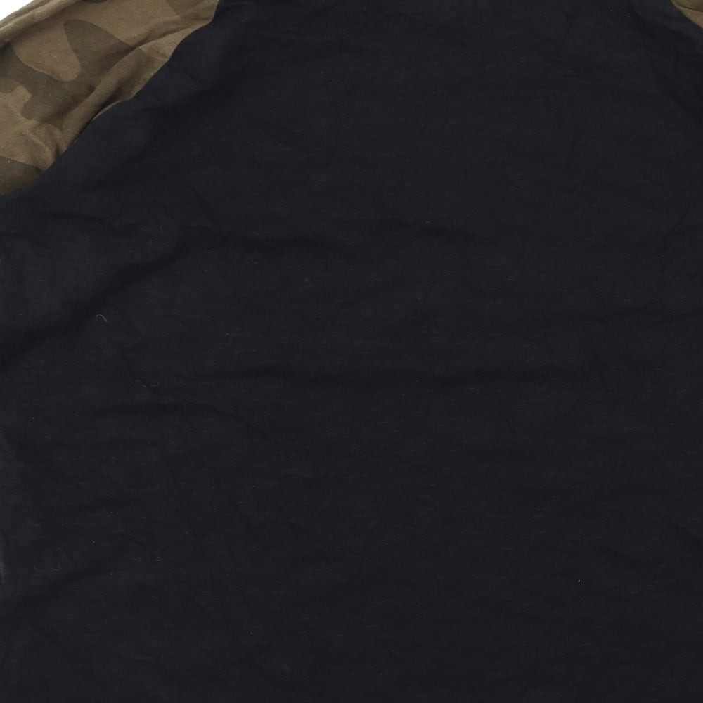 Pull&Bear Mens Black Camouflage Cotton T-Shirt Size M Round Neck