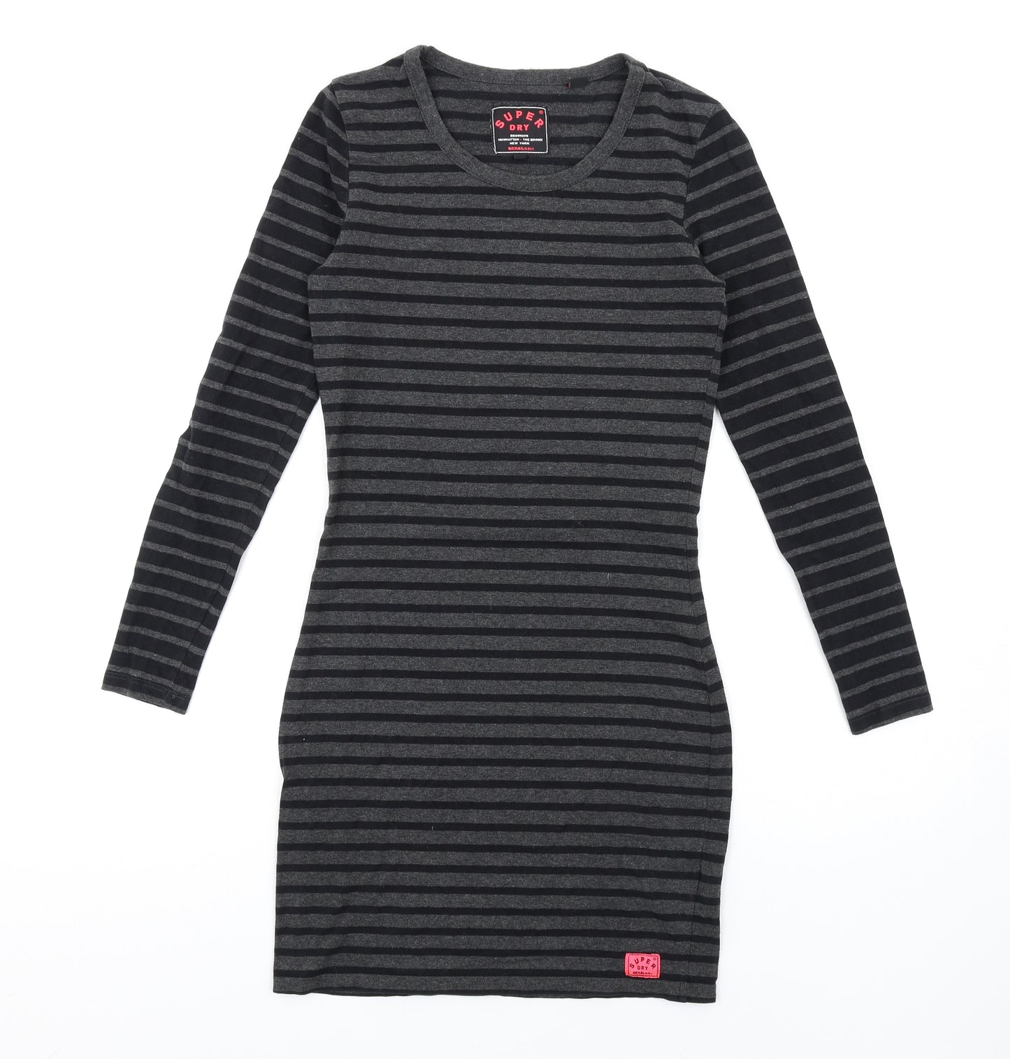 Superdry Womens Grey Striped Cotton Bodycon Size XS Round Neck Pullover