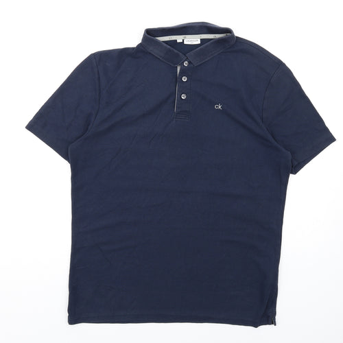 Calvin Klein Mens Blue Cotton Polo Size L Collared Button