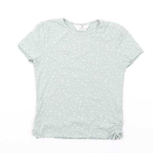 H&M Girls Green Floral Cotton Basic T-Shirt Size 13-14 Years Round Neck Pullover