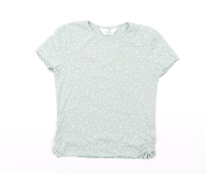 H&M Girls Green Floral Cotton Basic T-Shirt Size 13-14 Years Round Neck Pullover