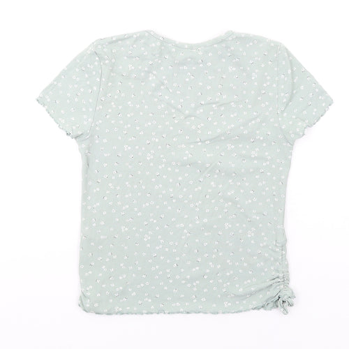 H&M Girls Green Floral Cotton Basic T-Shirt Size 13-14 Years Round Neck Pullover