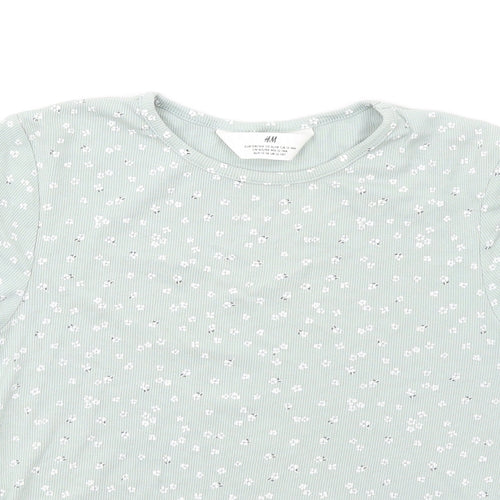 H&M Girls Green Floral Cotton Basic T-Shirt Size 13-14 Years Round Neck Pullover