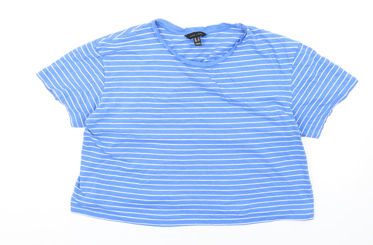 New Look Womens Blue Striped Cotton Basic T-Shirt Size 14 Round Neck
