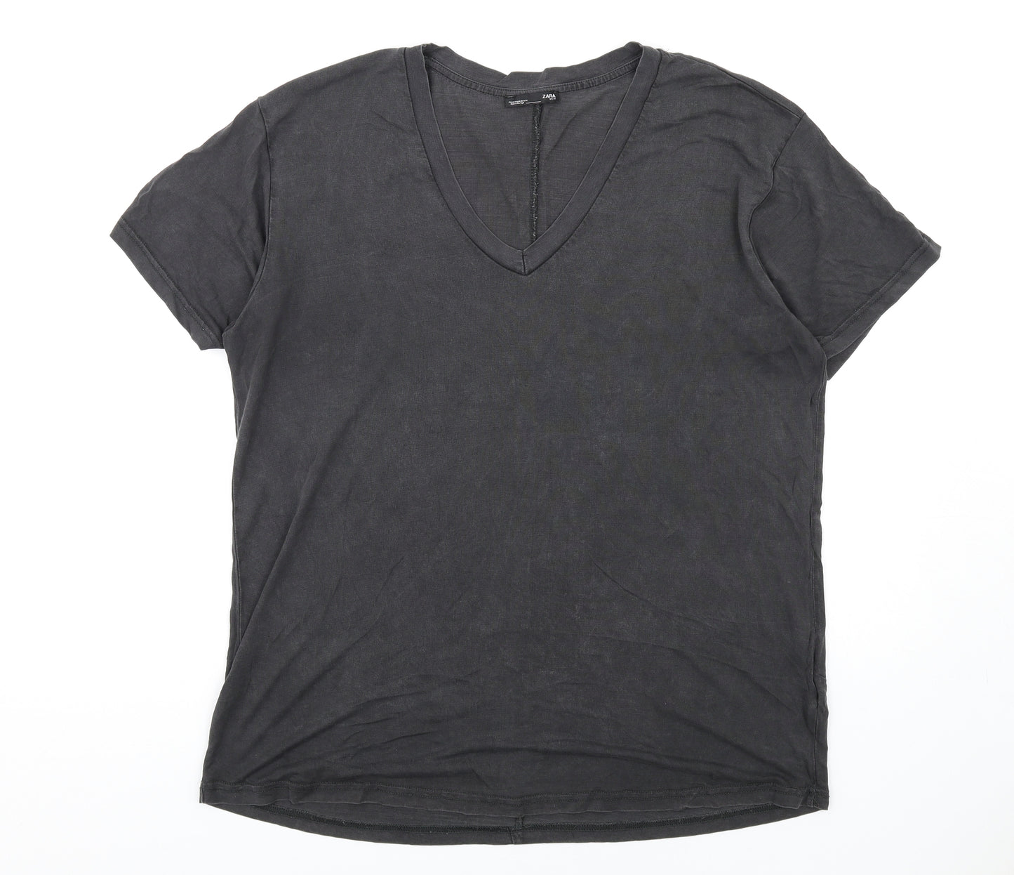 Zara Womens Grey Cotton Basic T-Shirt Size XL V-Neck