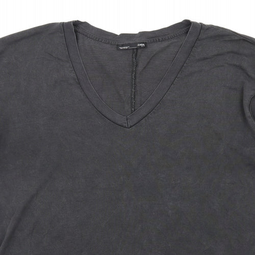 Zara Womens Grey Cotton Basic T-Shirt Size XL V-Neck