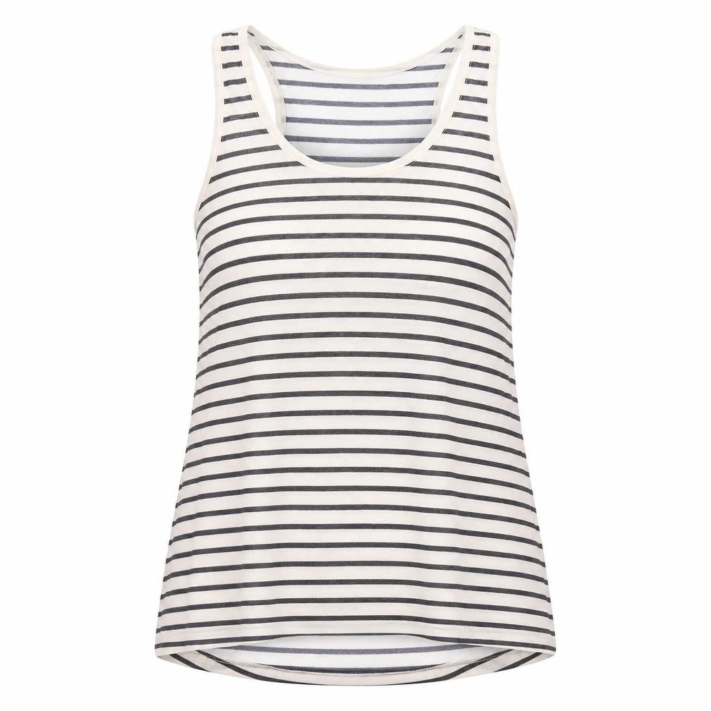 Front view of H&M women’s ivory striped polyester basic tank, size M, scoop neck