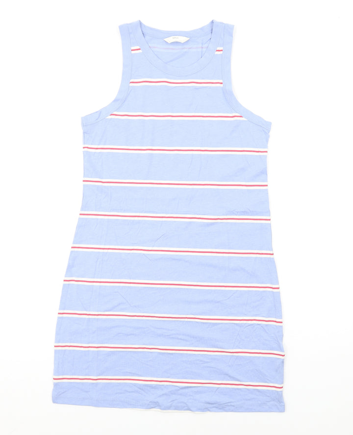 Marks and Spencer Womens Blue Striped Cotton Tank Dress Size M Round Neck Pullover