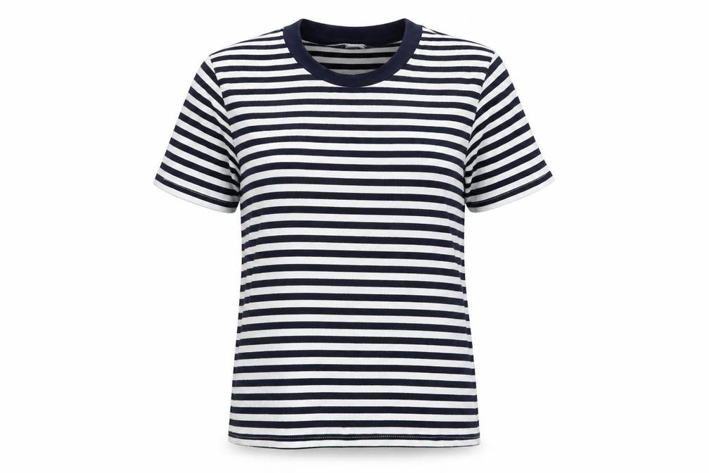 Front view of Gina Locardo women’s blue striped cotton basic t-shirt, size M, mock neck