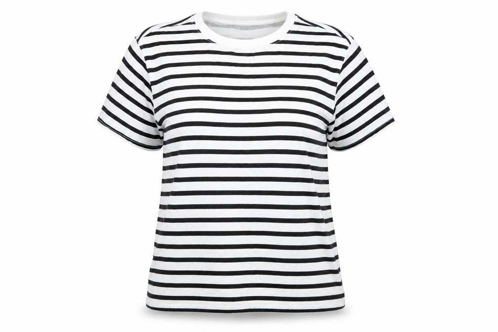 Front view of Another Influence women’s white striped cotton basic t-shirt, size M, round neck