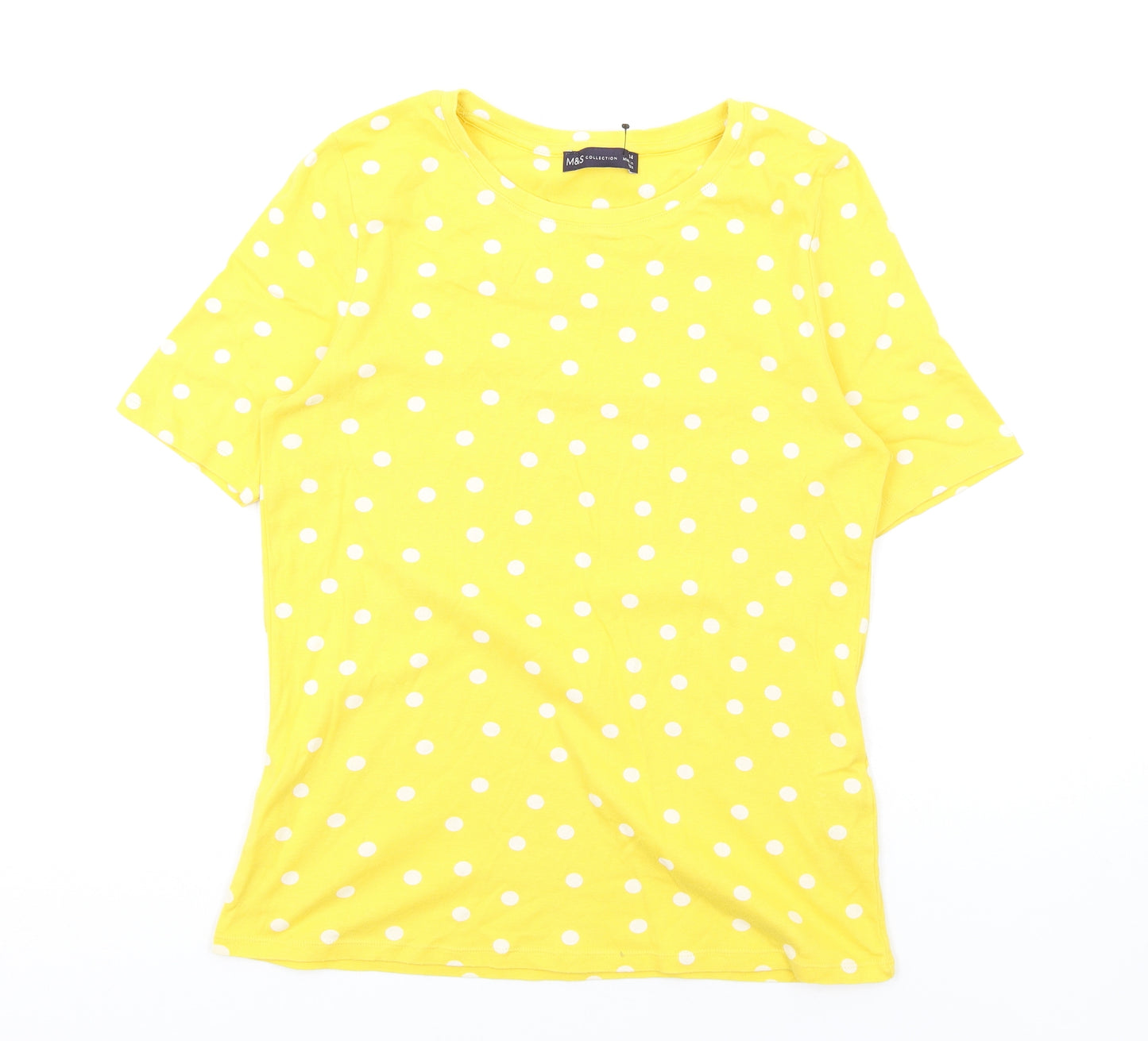 Marks and Spencer Womens Yellow Polka Dot Cotton Basic T-Shirt Size 14 Round Neck