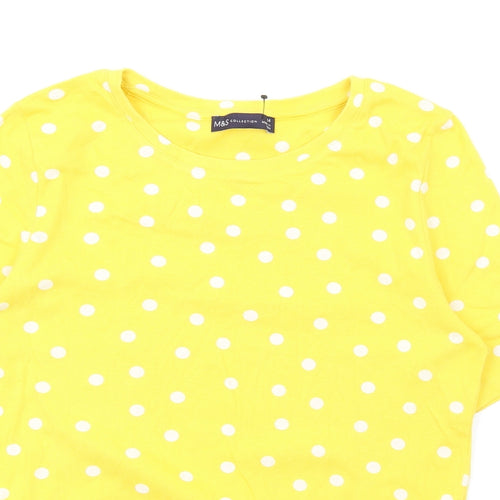 Marks and Spencer Womens Yellow Polka Dot Cotton Basic T-Shirt Size 14 Round Neck