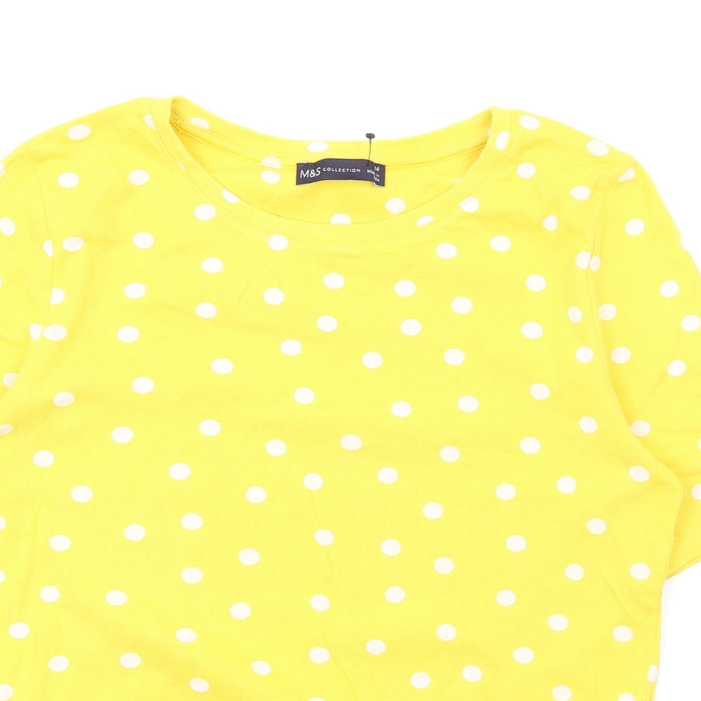 Marks and Spencer Womens Yellow Polka Dot Cotton Basic T-Shirt Size 14 Round Neck