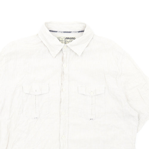 MUSTO Mens Beige Striped Linen Button-Up Size L Collared Button