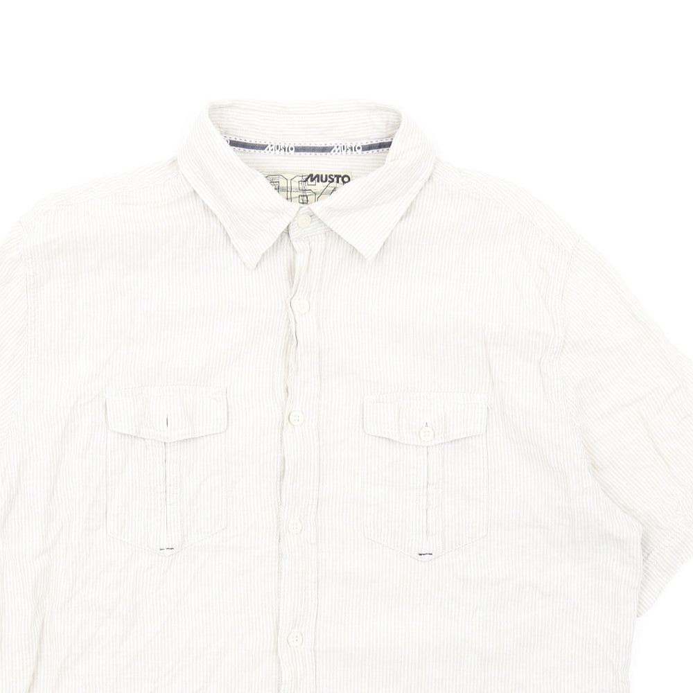 MUSTO Mens Beige Striped Linen Button-Up Size L Collared Button