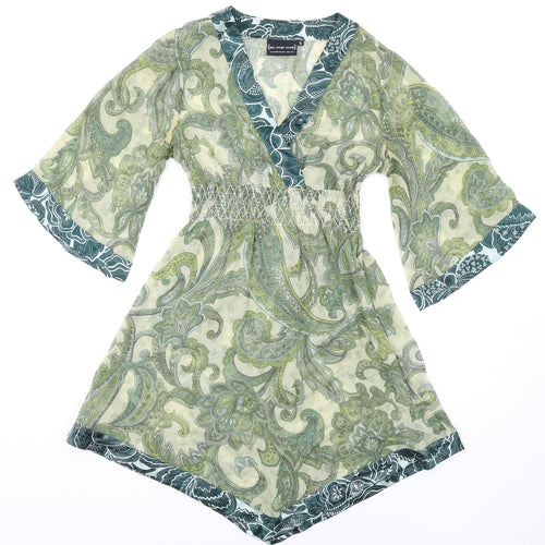 St Martins Womens Green Geometric Silk A-Line Size S V-Neck Pullover