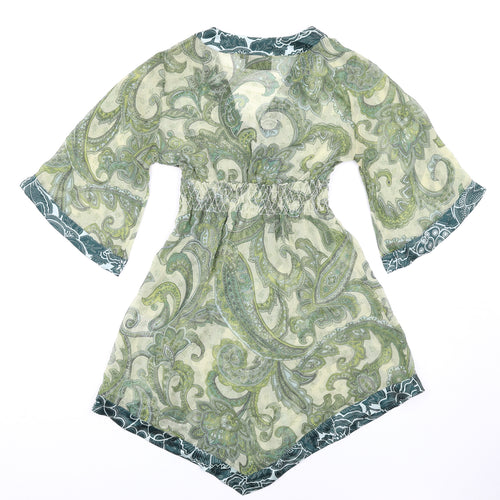St Martins Womens Green Geometric Silk A-Line Size S V-Neck Pullover