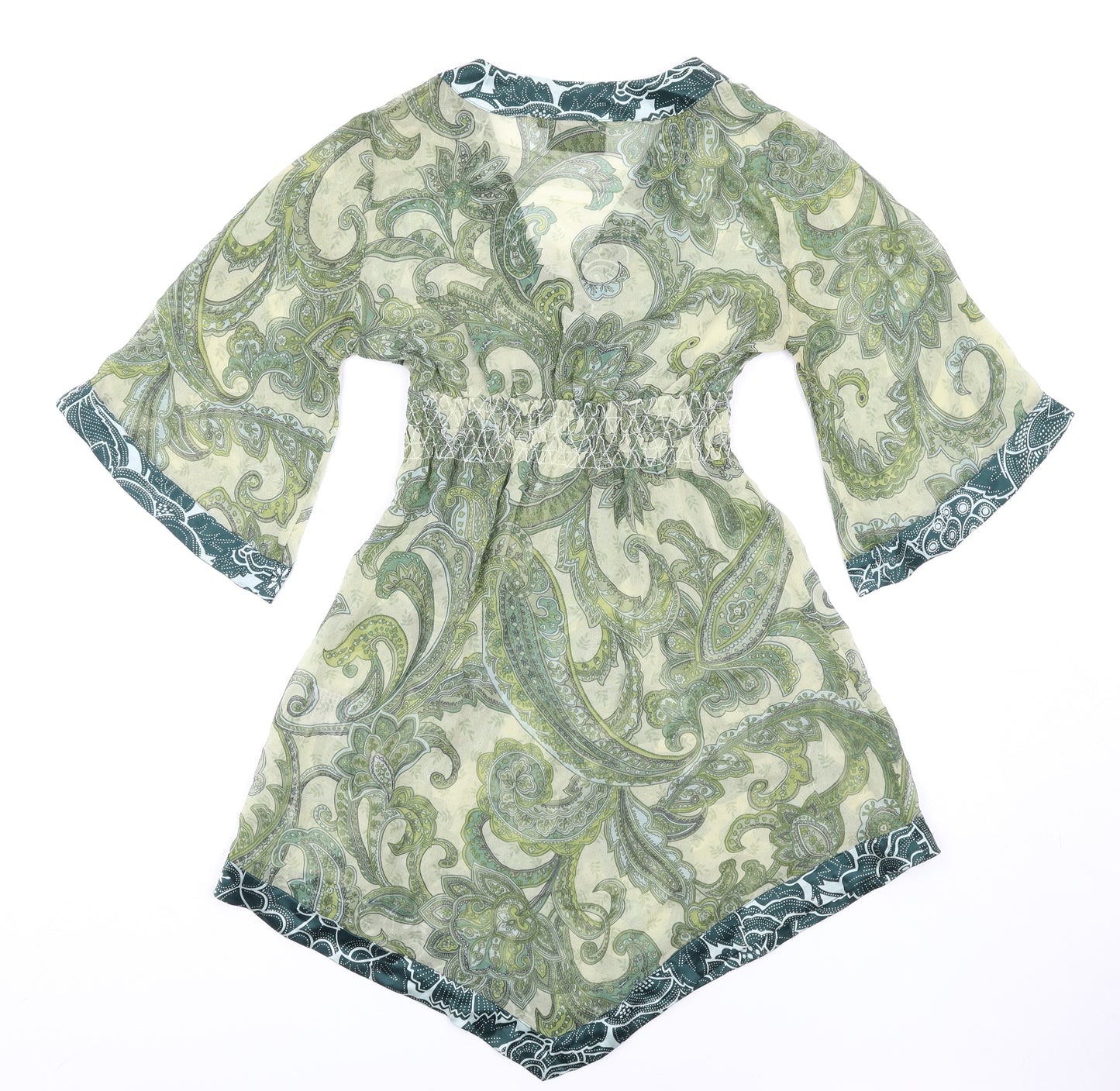 St Martins Womens Green Geometric Silk A-Line Size S V-Neck Pullover