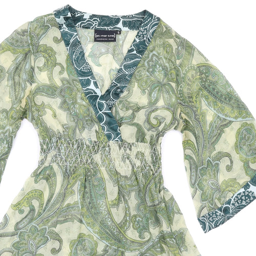 St Martins Womens Green Geometric Silk A-Line Size S V-Neck Pullover