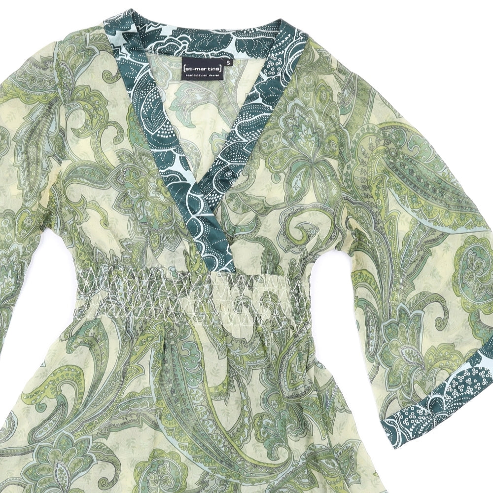 St Martins Womens Green Geometric Silk A-Line Size S V-Neck Pullover