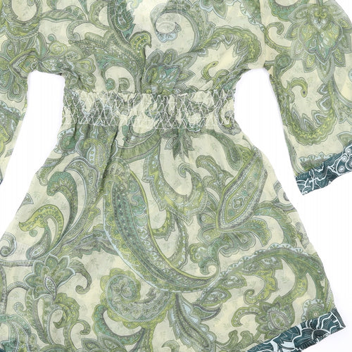St Martins Womens Green Geometric Silk A-Line Size S V-Neck Pullover