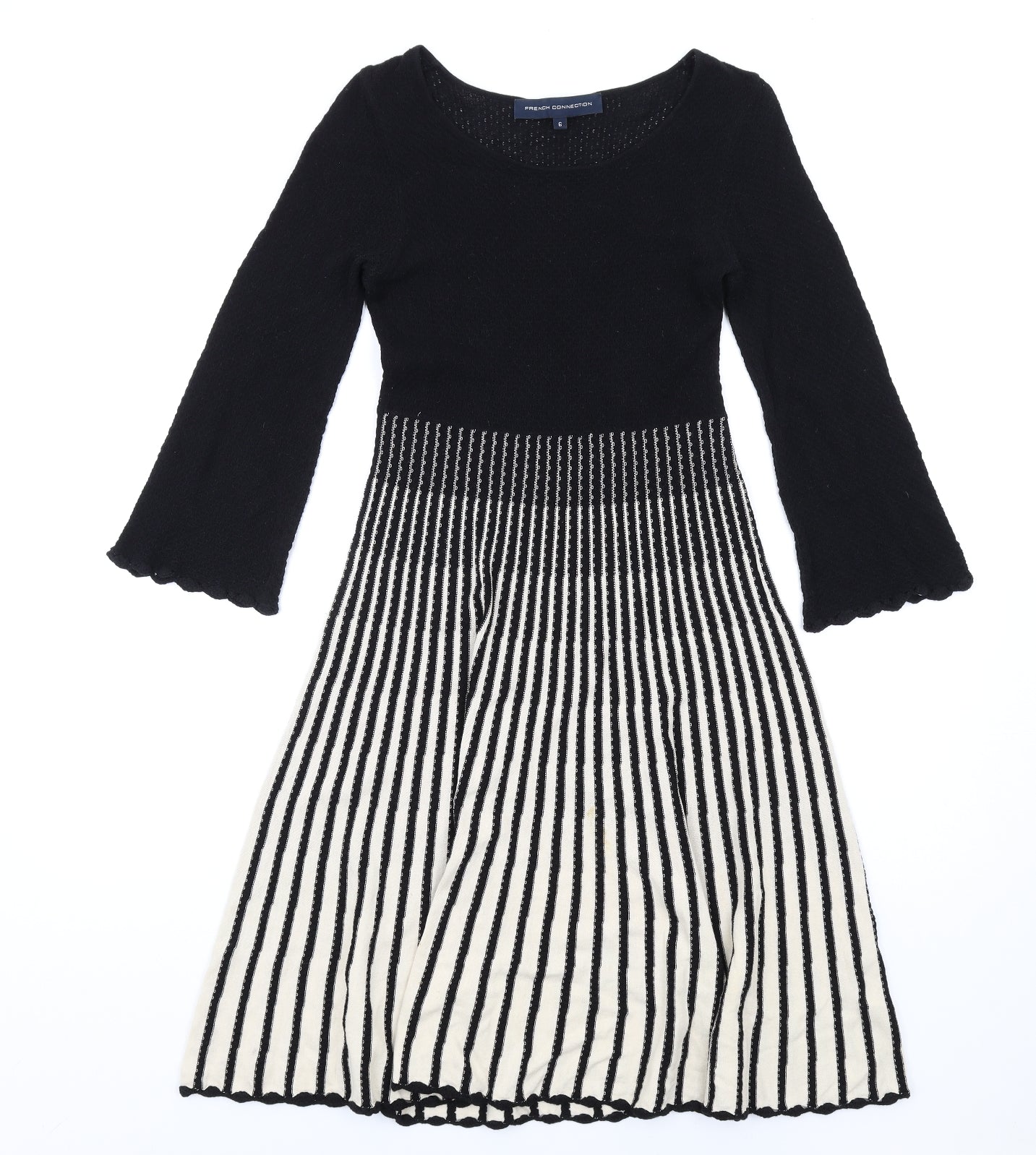 French Connection Womens Black Striped Cotton A-Line Size 6 Round Neck Pullover