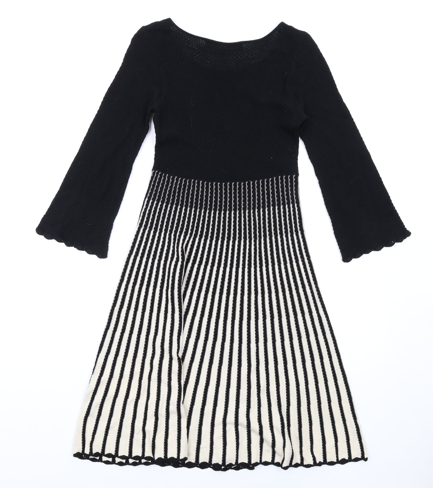 French Connection Womens Black Striped Cotton A-Line Size 6 Round Neck Pullover