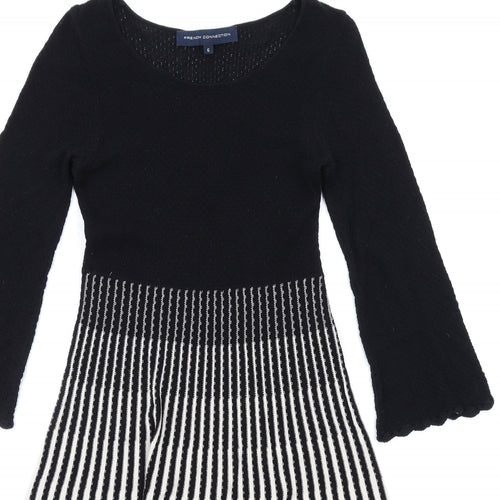 French Connection Womens Black Striped Cotton A-Line Size 6 Round Neck Pullover