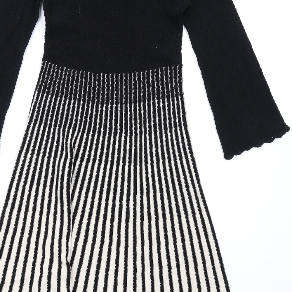 French Connection Womens Black Striped Cotton A-Line Size 6 Round Neck Pullover