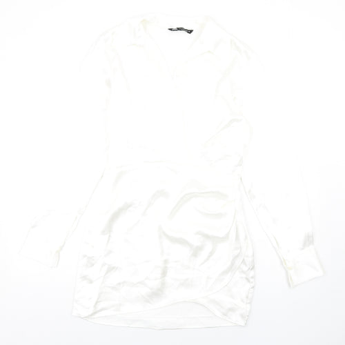 Zara Womens White Polyester Shirt Dress Size S Collared Zip