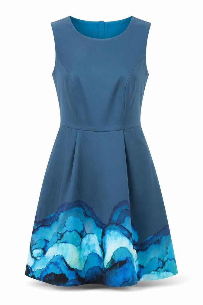 Front view of Style Stalker women’s blue polyester a-line, size XS, round neck zip
