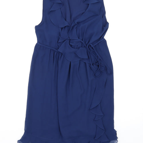 Max Studio Womens Blue Polyester A-Line Size M V-Neck Pullover - Frill Detail