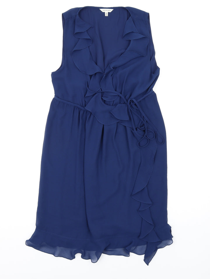 Max Studio Womens Blue Polyester A-Line Size M V-Neck Pullover - Frill Detail
