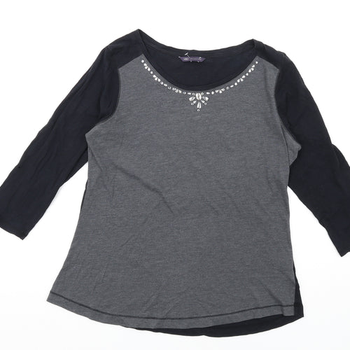 Marks and Spencer Womens Grey Cotton Basic T-Shirt Size 16 Round Neck - Beaded Neckline