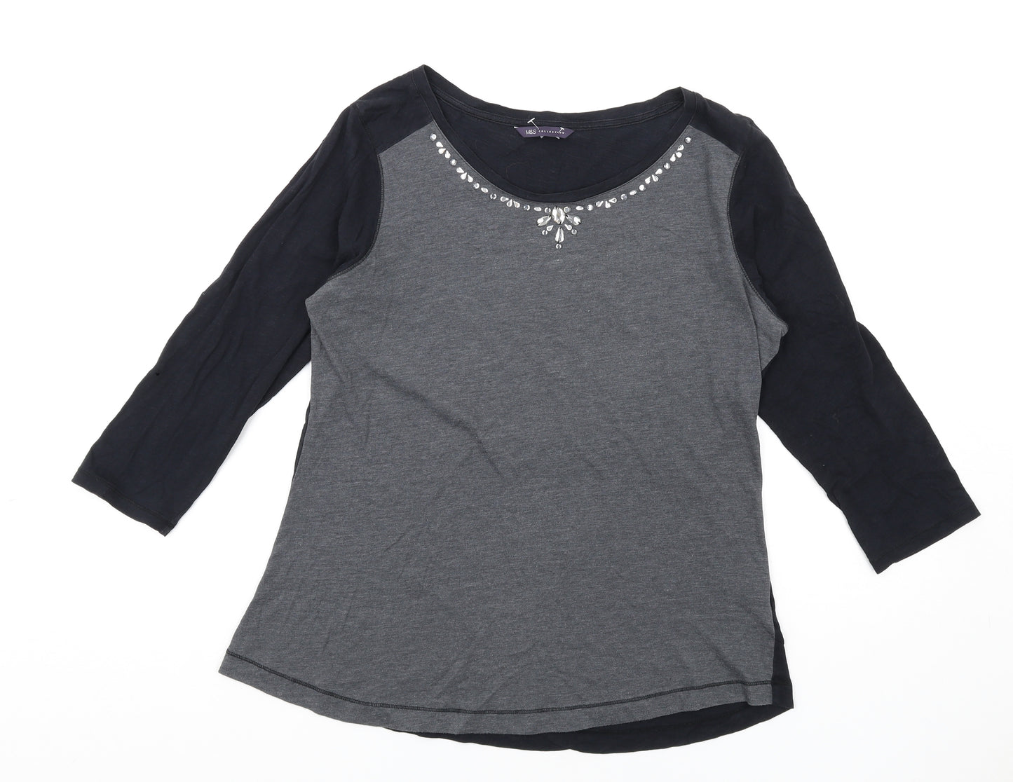 Marks and Spencer Womens Grey Cotton Basic T-Shirt Size 16 Round Neck - Beaded Neckline